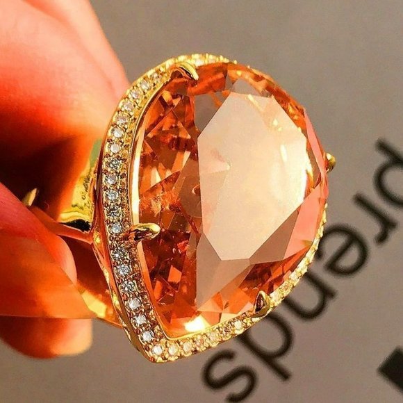 32mm Pear Cut Orange Champagne Water Drop Gold Ring - Picture 1 of 10